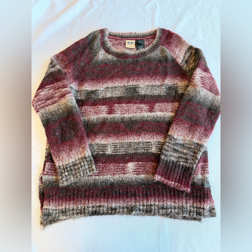 Harley Davidson Women's Marl Knit Burgundy and Gray Striped Sweater Size Large